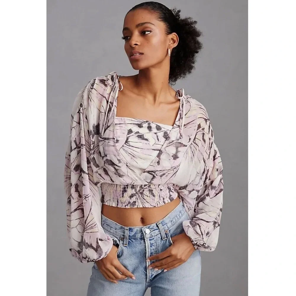 NWT By Anthropologie Floral Blouse S Purple Fairy‎ Pastel Sheer Peasant Whimsy
